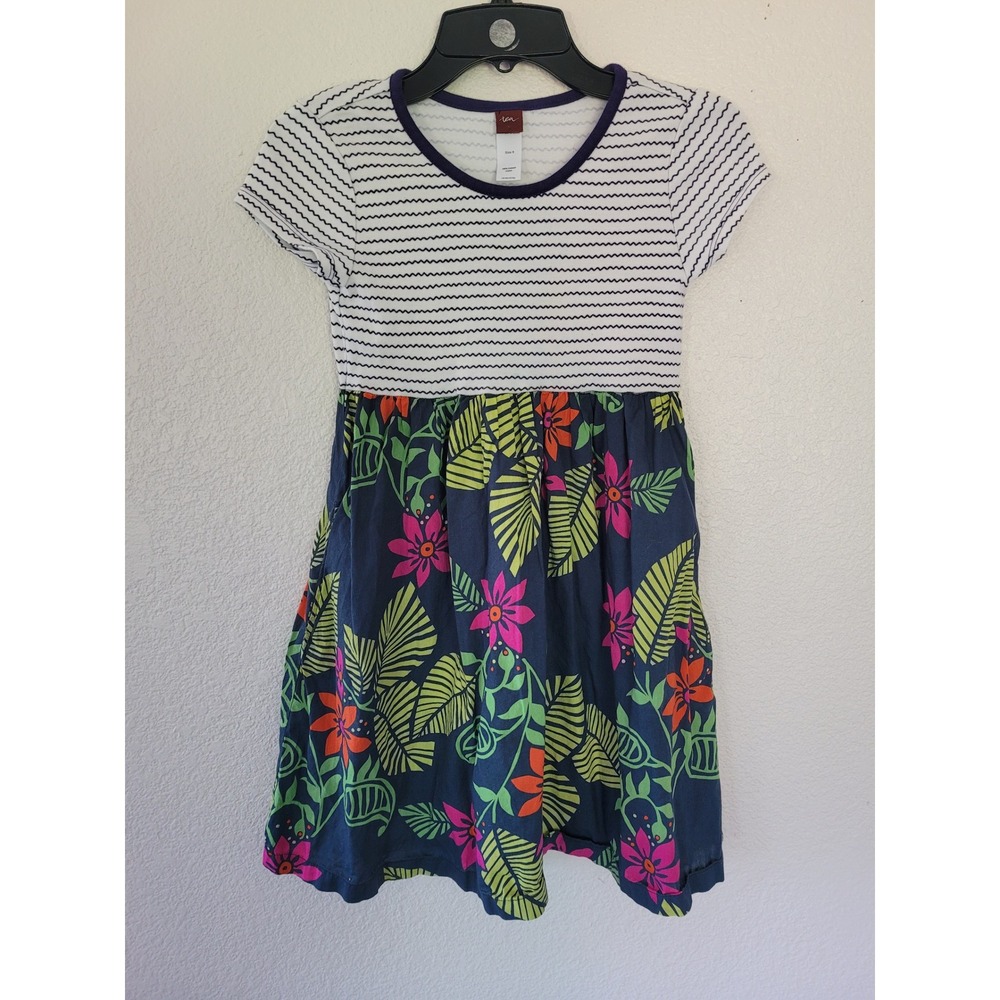 Tea Collection Girls Size 8 Mixed Media Striped Floral Tropical Cotton Dress #R
